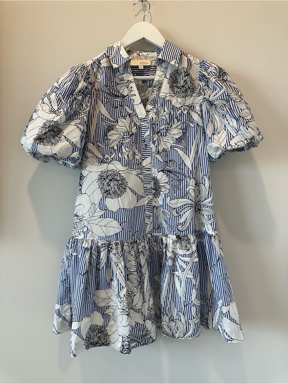 Pinch Riveria Blue White Ruffle Puff Sleeve Cotton Summer Mini Dress Size Small - Picture 2 of 16